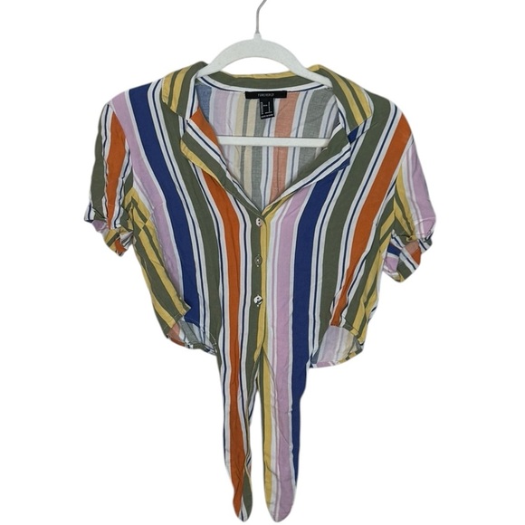 Forever 21 Striped Front-tie Button up Blouse S Blue - Picture 3 of 6